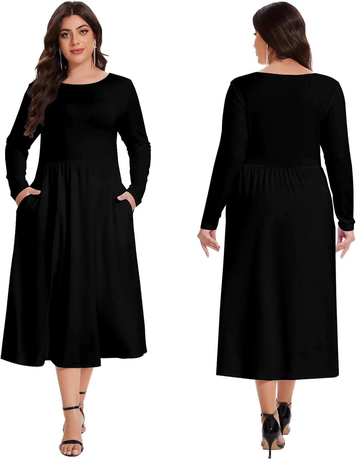 Women's Casual 2025 Fall Flowy Trendy Maxi Dress Crew Neck Draped Loose Swing Pleated Dresses with Pockets