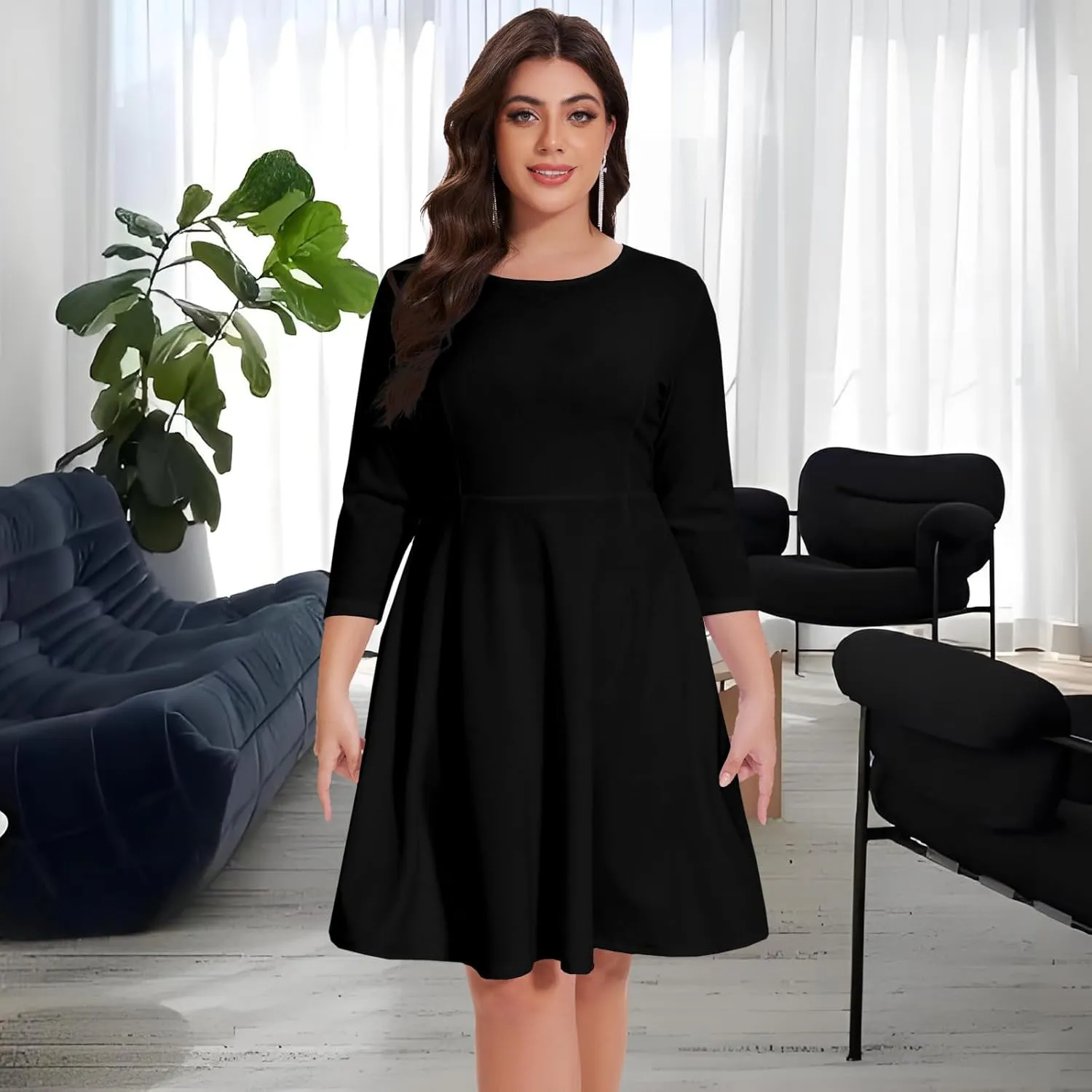 Women's Casual 2025 Fall Flowy Trendy Maxi Dress Crew Neck Draped Loose Swing Pleated Dresses with Pockets