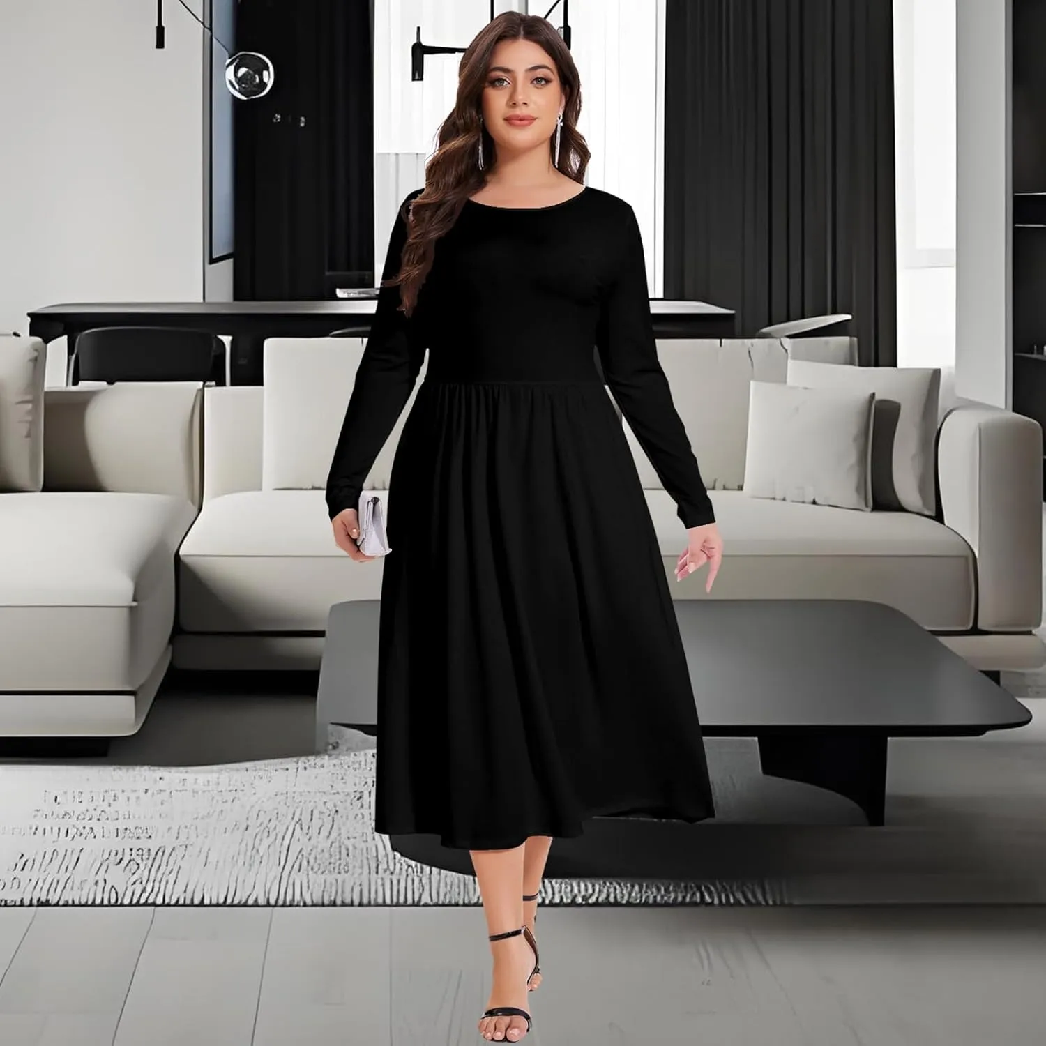Women's Casual 2025 Fall Flowy Trendy Maxi Dress Crew Neck Draped Loose Swing Pleated Dresses with Pockets