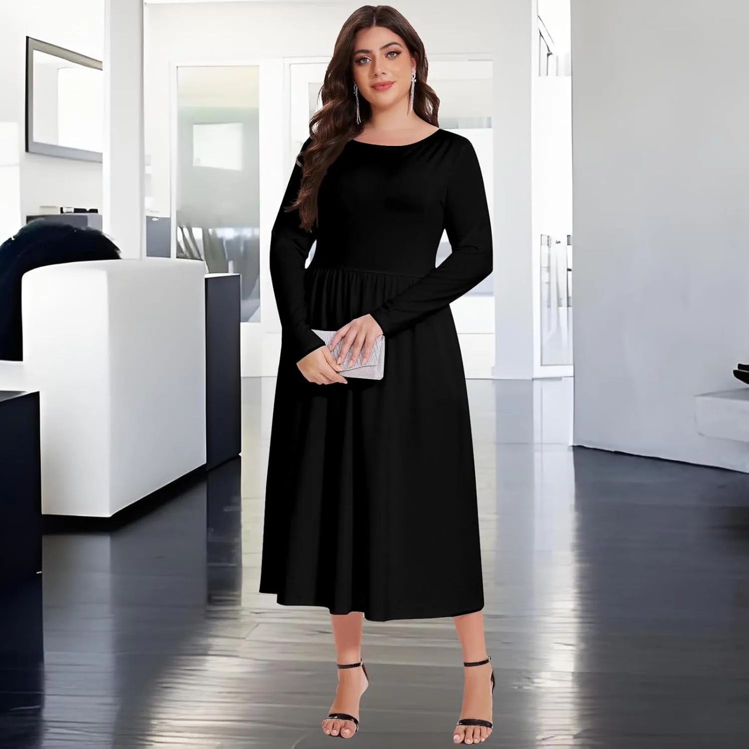Women's Casual 2025 Fall Flowy Trendy Maxi Dress Crew Neck Draped Loose Swing Pleated Dresses with Pockets