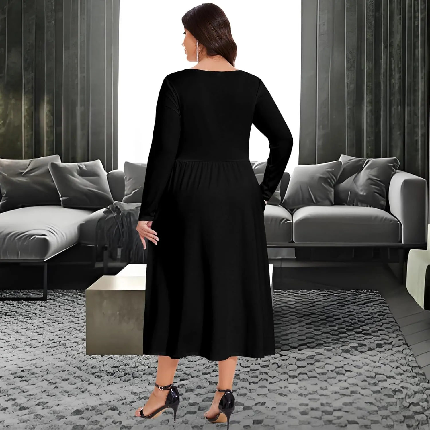 Women's Casual 2025 Fall Flowy Trendy Maxi Dress Crew Neck Draped Loose Swing Pleated Dresses with Pockets