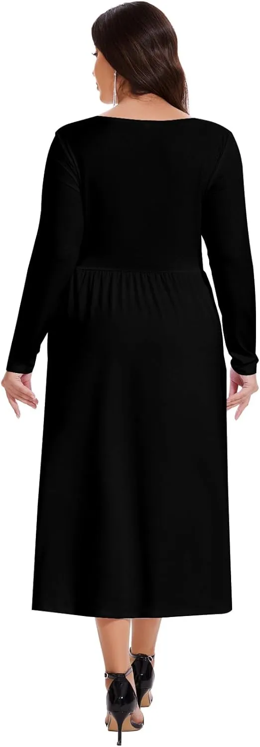 Women's Casual 2025 Fall Flowy Trendy Maxi Dress Crew Neck Draped Loose Swing Pleated Dresses with Pockets