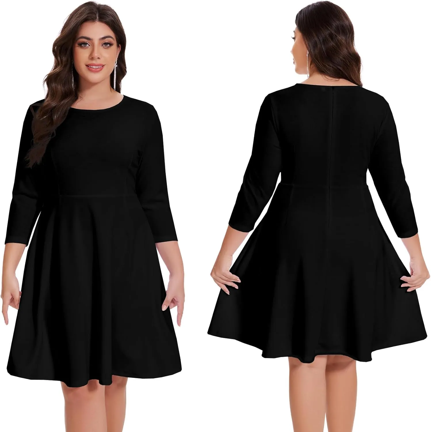 Women's Casual 2025 Fall Flowy Trendy Maxi Dress Crew Neck Draped Loose Swing Pleated Dresses with Pockets