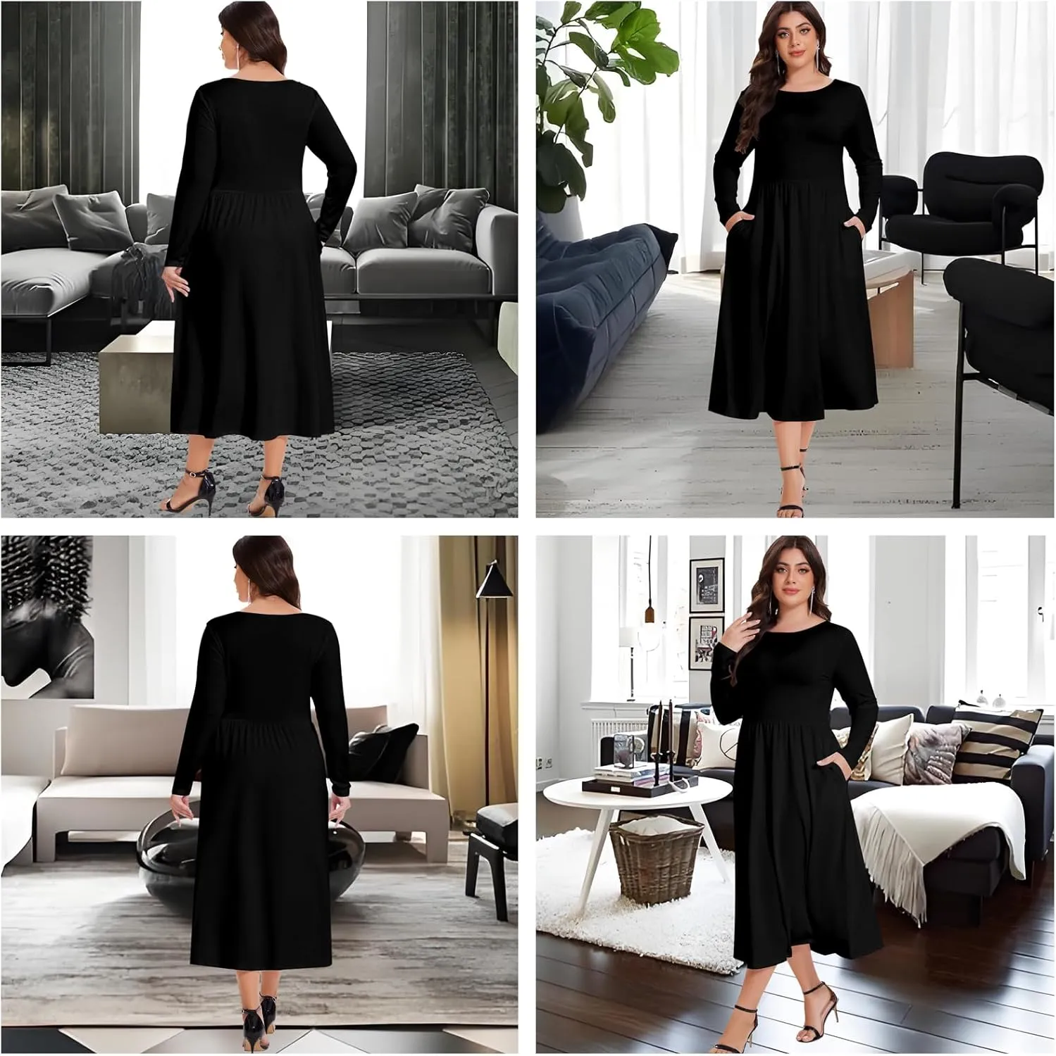 Women's Casual 2025 Fall Flowy Trendy Maxi Dress Crew Neck Draped Loose Swing Pleated Dresses with Pockets