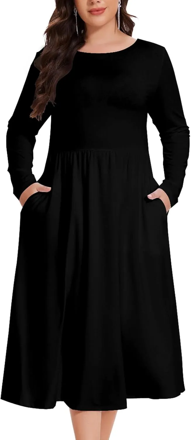 Women's Casual 2025 Fall Flowy Trendy Maxi Dress Crew Neck Draped Loose Swing Pleated Dresses with Pockets