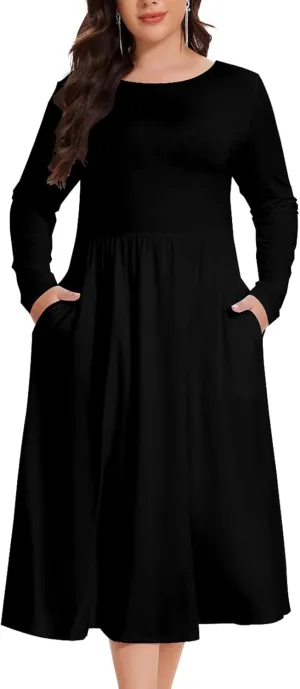 Women's Casual 2025 Fall Flowy Trendy Maxi Dress Crew Neck Draped Loose Swing Pleated Dresses with Pockets