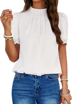 Womens Chiffon Tops Pleated Front Mock Neck Lace Trim Short Sleeve Going Out Dressy Casual Blouses