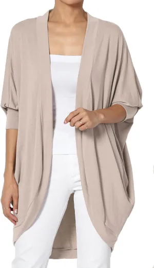 Women's Cocoon Draped Jersey Knit 3/4 Sleeve Oversized Open Front Cardigan