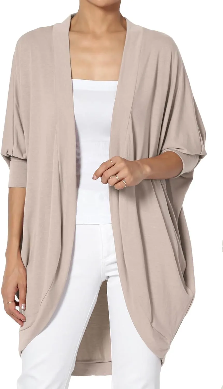 Women's Cocoon Draped Jersey Knit 3/4 Sleeve Oversized Open Front Cardigan