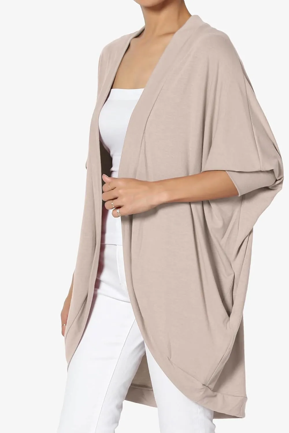 Women's Cocoon Draped Jersey Knit 3/4 Sleeve Oversized Open Front Cardigan