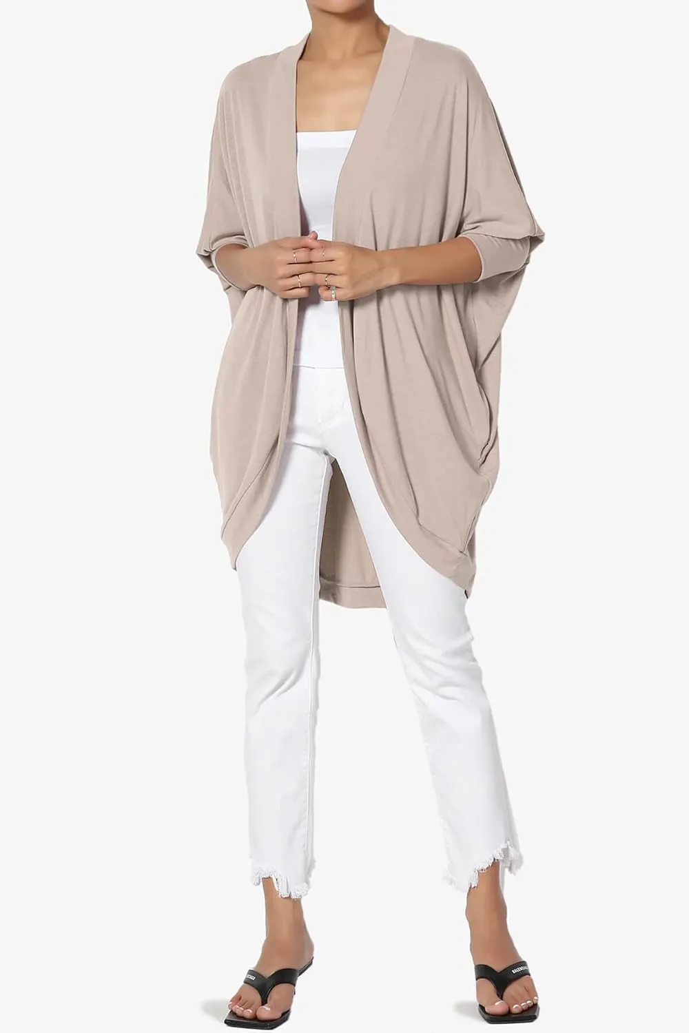 Women's Cocoon Draped Jersey Knit 3/4 Sleeve Oversized Open Front Cardigan