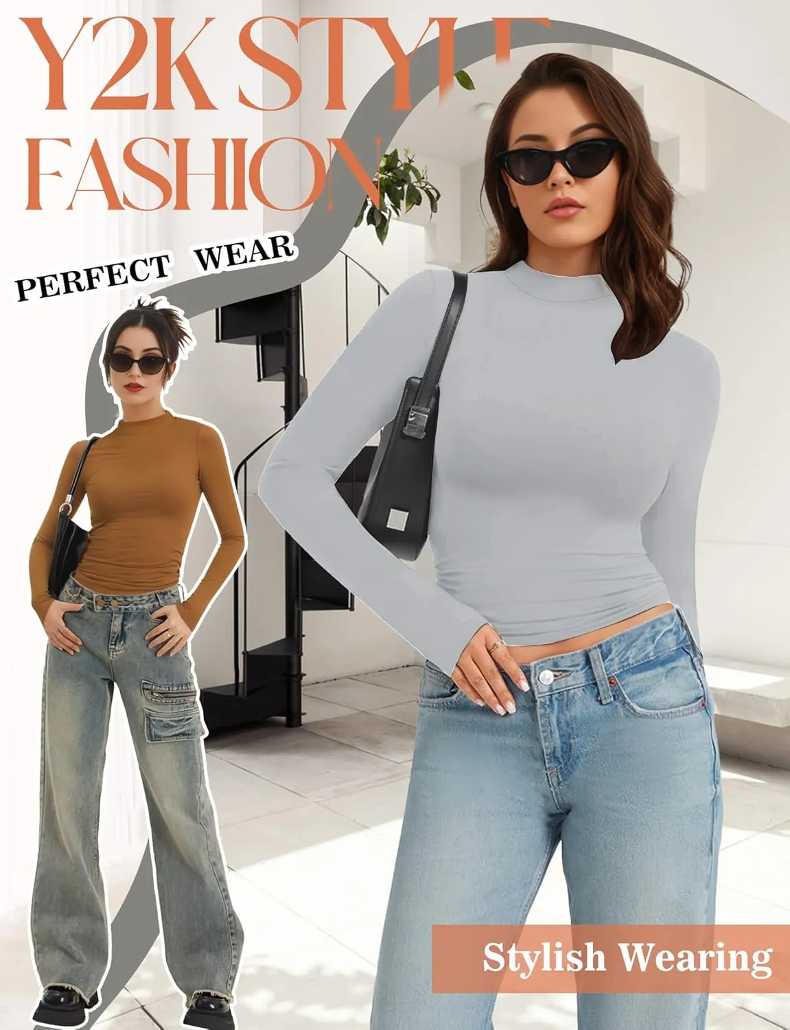 Womens Mock Turtle Neck Basic Long Sleeve T Shirt Slim Fit Tees Fall Y2k Going Out Crop Tops Cute Tight Shirts