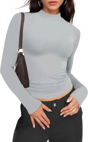 Womens Mock Turtle Neck Basic Long Sleeve T Shirt Slim Fit Tees Fall Y2k Going Out Crop Tops Cute Tight Shirts