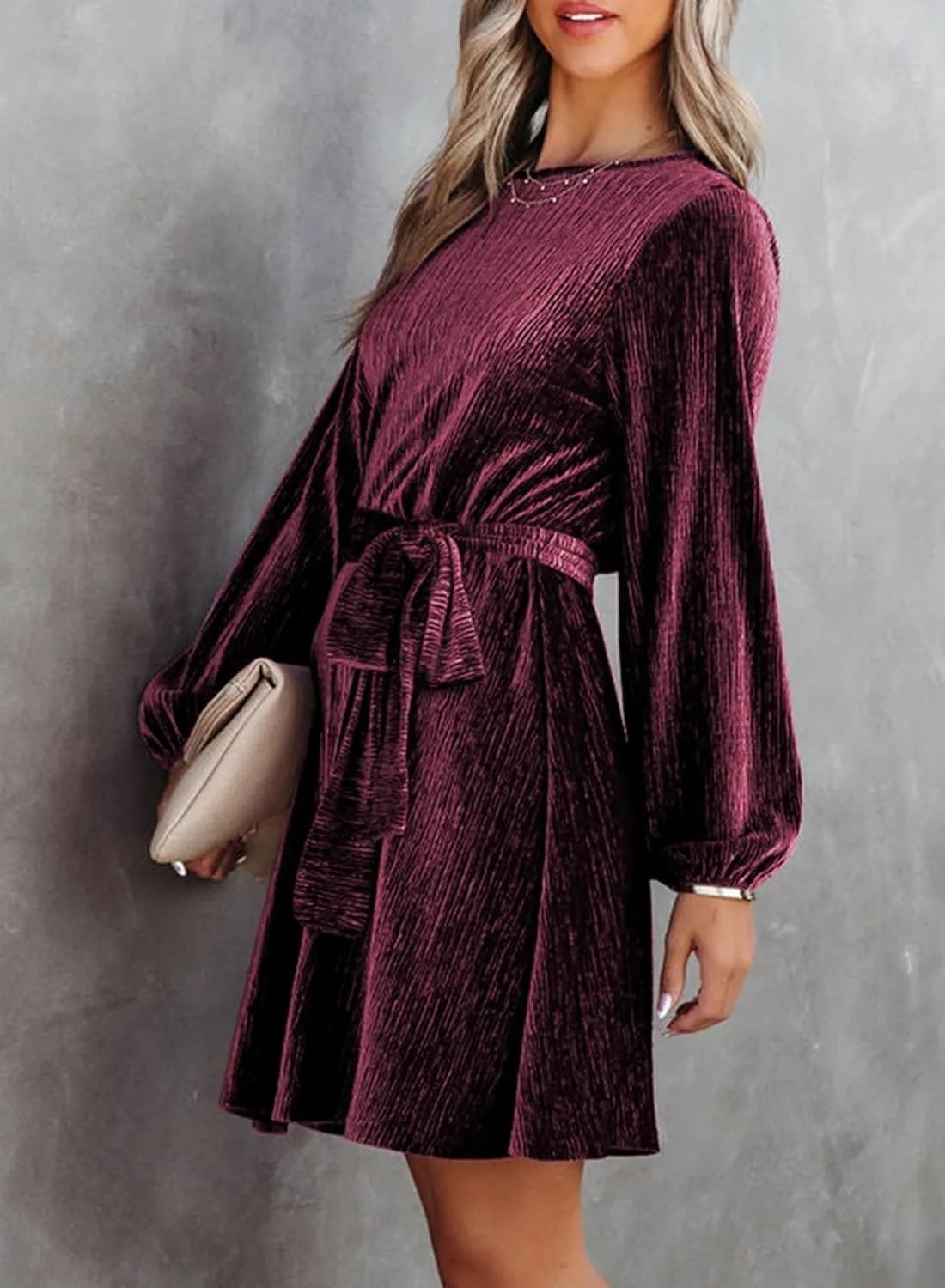 Women's Velvet Dress Long Sleeve Casual Velvet Cocktail Party Dresses Mini Tie Dress for Wedding Guest