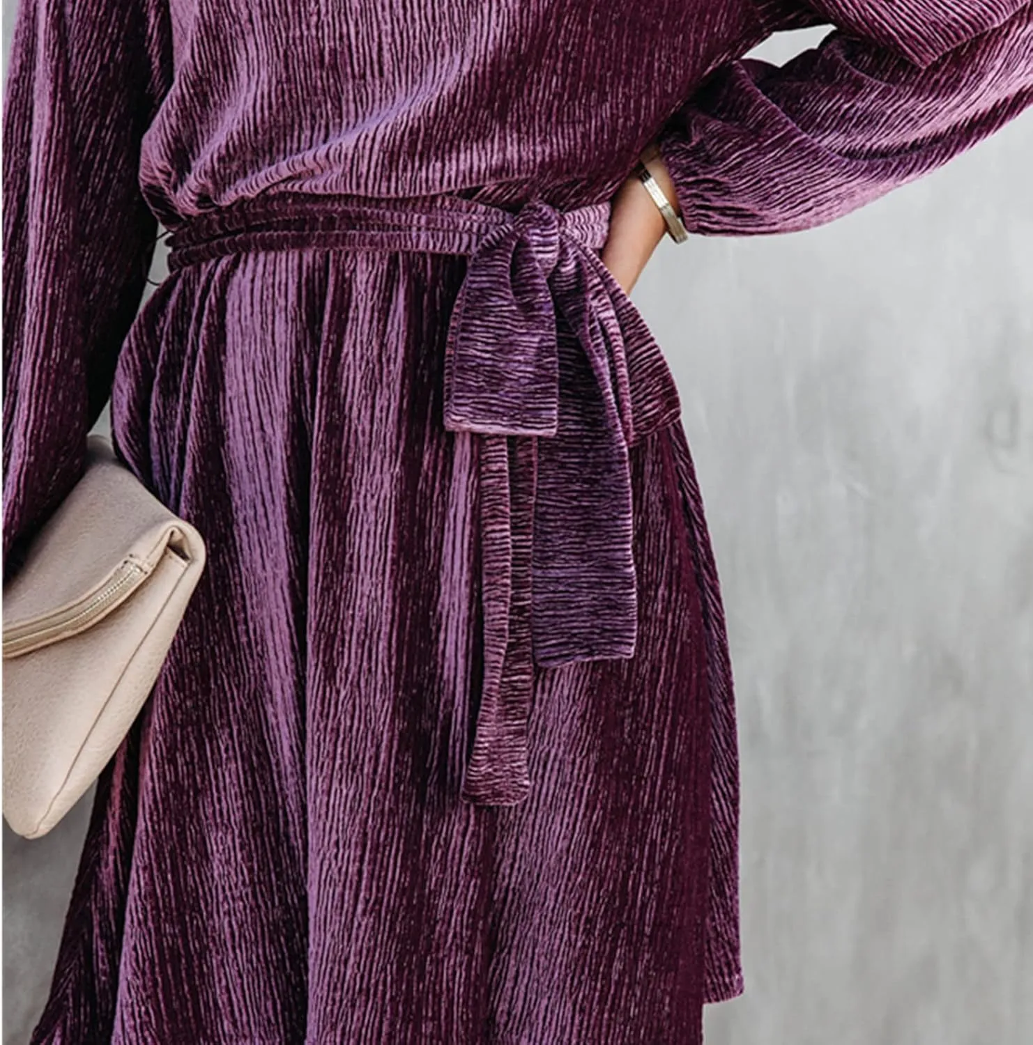 Women's Velvet Dress Long Sleeve Casual Velvet Cocktail Party Dresses Mini Tie Dress for Wedding Guest