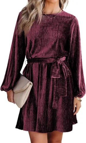 Women's Velvet Dress Long Sleeve Casual Velvet Cocktail Party Dresses Mini Tie Dress for Wedding Guest