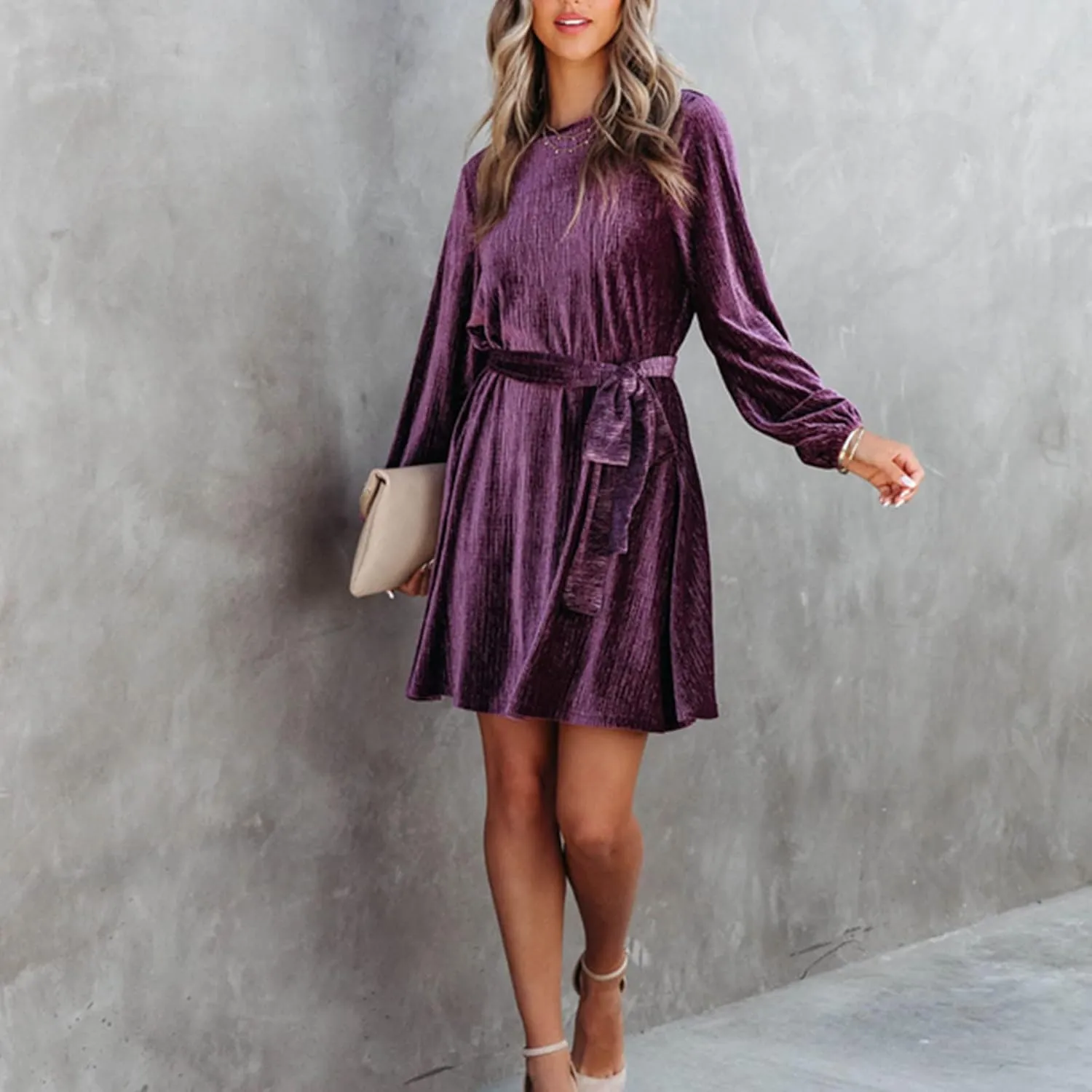 Women's Velvet Dress Long Sleeve Casual Velvet Cocktail Party Dresses Mini Tie Dress for Wedding Guest