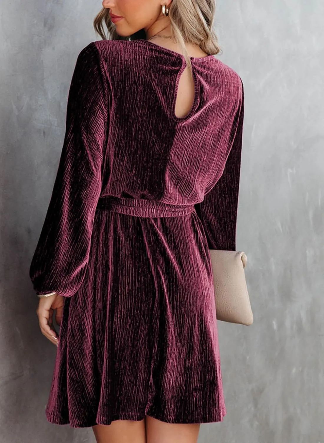 Women's Velvet Dress Long Sleeve Casual Velvet Cocktail Party Dresses Mini Tie Dress for Wedding Guest