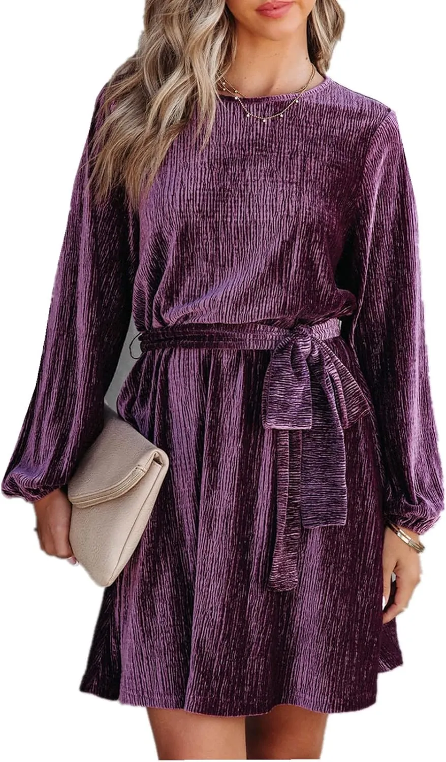 Women's Velvet Dress Long Sleeve Casual Velvet Cocktail Party Dresses Mini Tie Dress for Wedding Guest