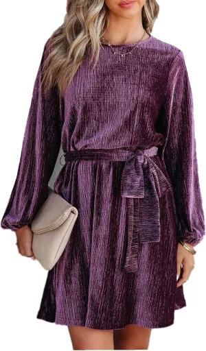Women's Velvet Dress Long Sleeve Casual Velvet Cocktail Party Dresses Mini Tie Dress for Wedding Guest