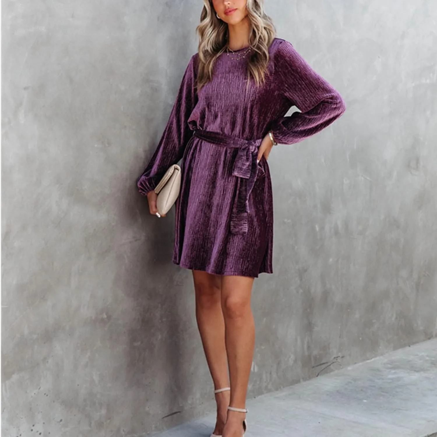 Women's Velvet Dress Long Sleeve Casual Velvet Cocktail Party Dresses Mini Tie Dress for Wedding Guest