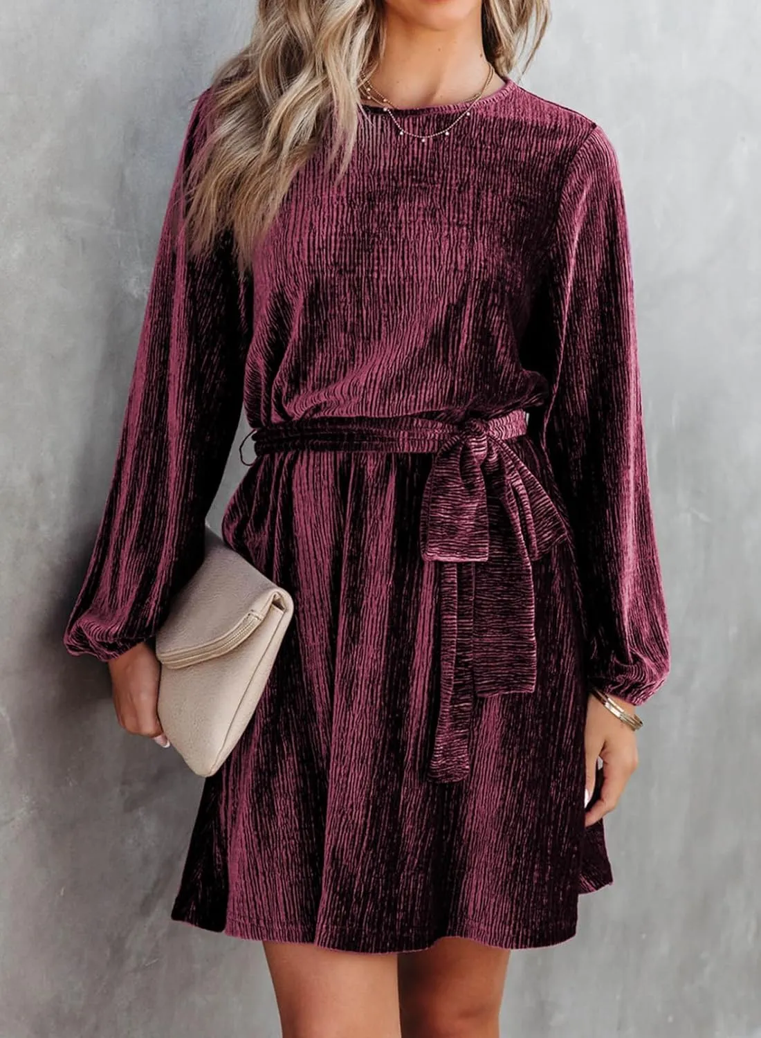 Women's Velvet Dress Long Sleeve Casual Velvet Cocktail Party Dresses Mini Tie Dress for Wedding Guest