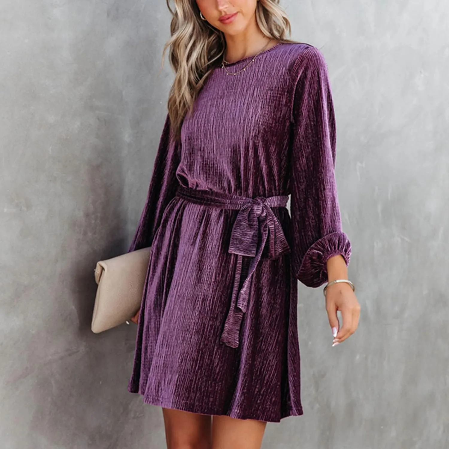 Women's Velvet Dress Long Sleeve Casual Velvet Cocktail Party Dresses Mini Tie Dress for Wedding Guest