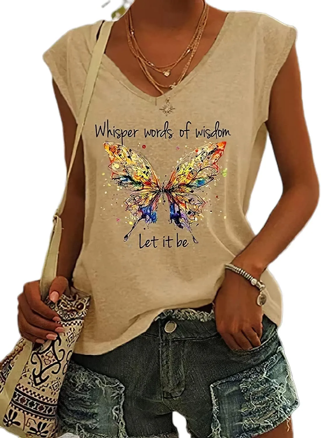 Womens Whisper Words of Wisdom Let-It Be Tshirt Butterfly Graphic with Funny Sayings V-Neck T-Shirt for Women