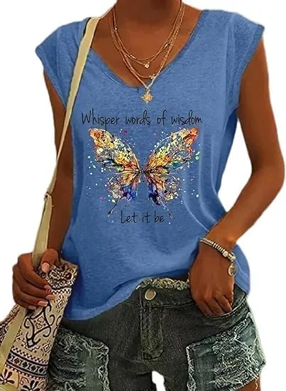 Womens Whisper Words of Wisdom Let-It Be Tshirt Butterfly Graphic with Funny Sayings V-Neck T-Shirt for Women