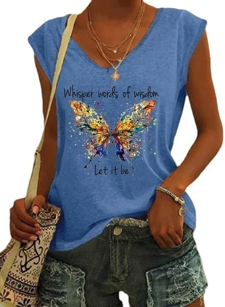 Womens Whisper Words of Wisdom Let-It Be Tshirt Butterfly Graphic with Funny Sayings V-Neck T-Shirt for Women