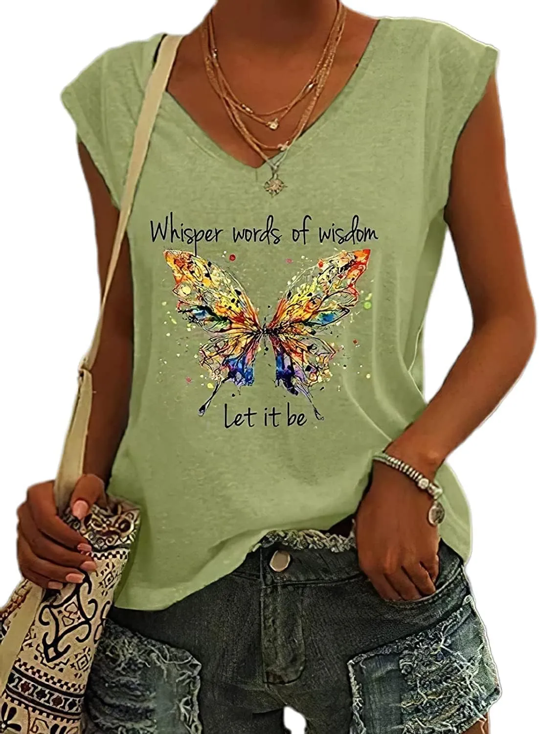Womens Whisper Words of Wisdom Let-It Be Tshirt Butterfly Graphic with Funny Sayings V-Neck T-Shirt for Women