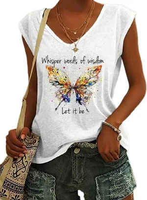 Womens Whisper Words of Wisdom Let-It Be Tshirt Butterfly Graphic with Funny Sayings V-Neck T-Shirt for Women