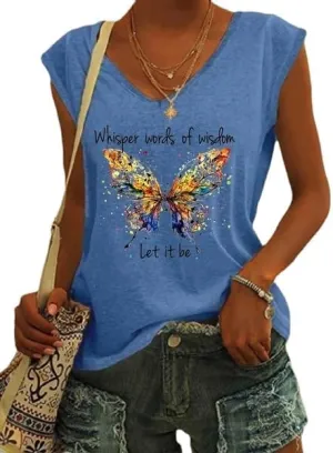 Womens Whisper Words of Wisdom Let-It Be Tshirt Butterfly Graphic with Funny Sayings V-Neck T-Shirt for Women