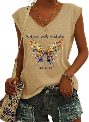 Womens Whisper Words of Wisdom Let-It Be Tshirt Butterfly Graphic with Funny Sayings V-Neck T-Shirt for Women