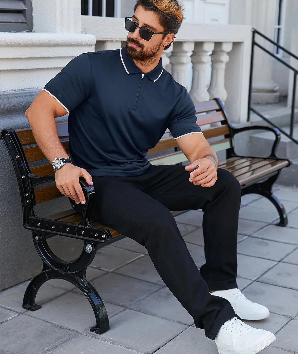 ZITY Mens Quarter Zip Polo Shirts Casual Classic Short Sleeve Contrast Collar Polo T Shirts
