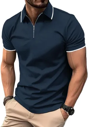 ZITY Mens Quarter Zip Polo Shirts Casual Classic Short Sleeve Contrast Collar Polo T Shirts